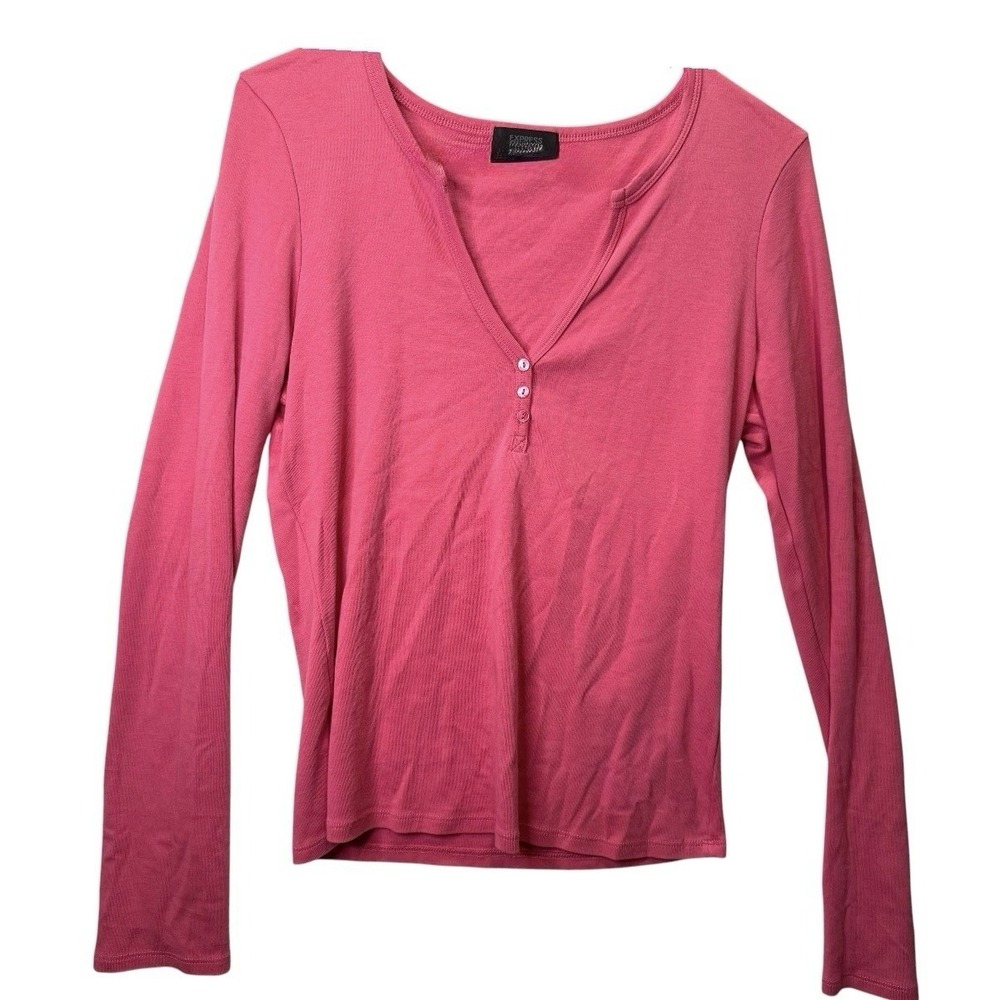 Express Women's Size L Hot Pink Long Sleeve 100% Pima Cotton Top Large Buttons